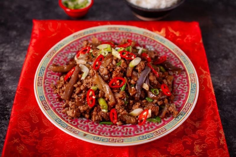 Chinese Braised Aubergine with Minced Pork, Garlic, Soy and Vinegar