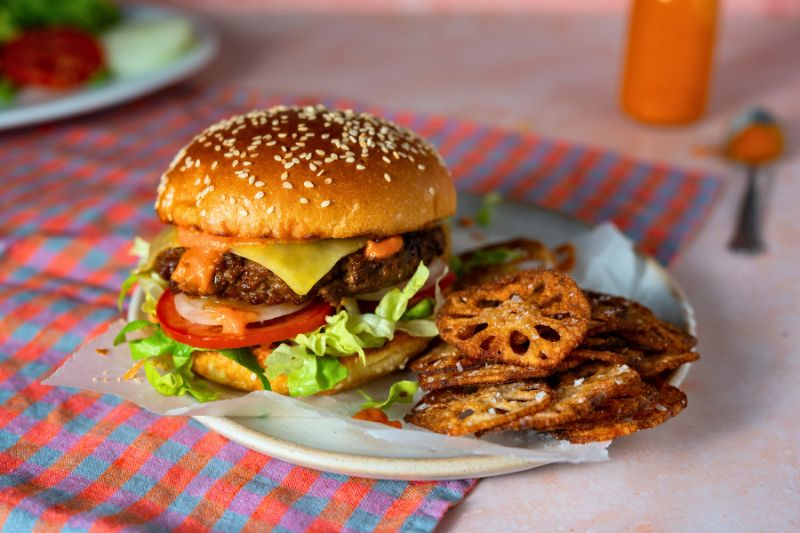 Korean Style Beef Burgers with Kimchi Ketchup & Lotus Root Crisps